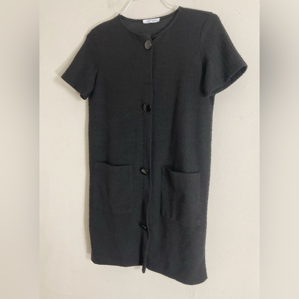 Zara Trafaluc Crew Neck Button Front Short Sleeve USA Size Small Black Dress